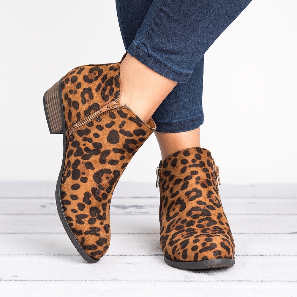 Leopard Print Faux Suede Upper Ankle Booties